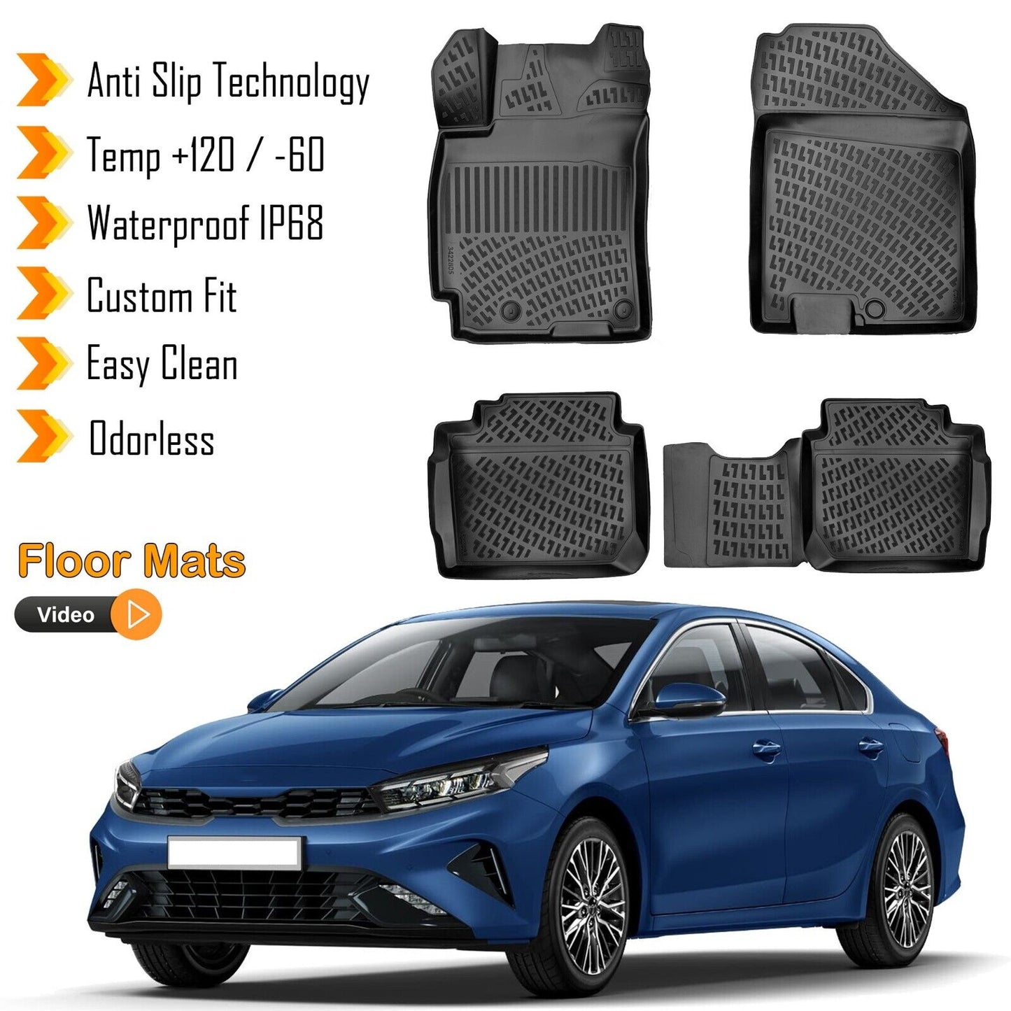 Floor Mats Liner Fits Kia Forte 2022-2024 3D Molded Waterproof All Weather 4 Pcs