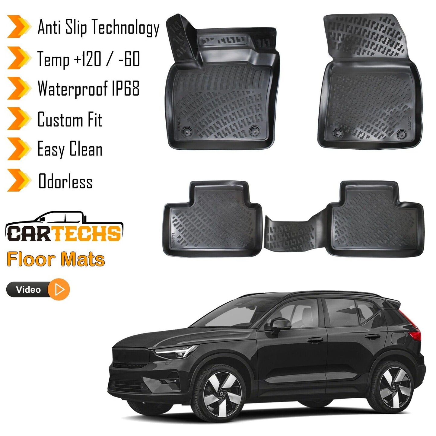 Floor Mats Liner Fits Volvo XC-40 Recharge EV 2021-2023 Waterproof 3D Molded 4Pc