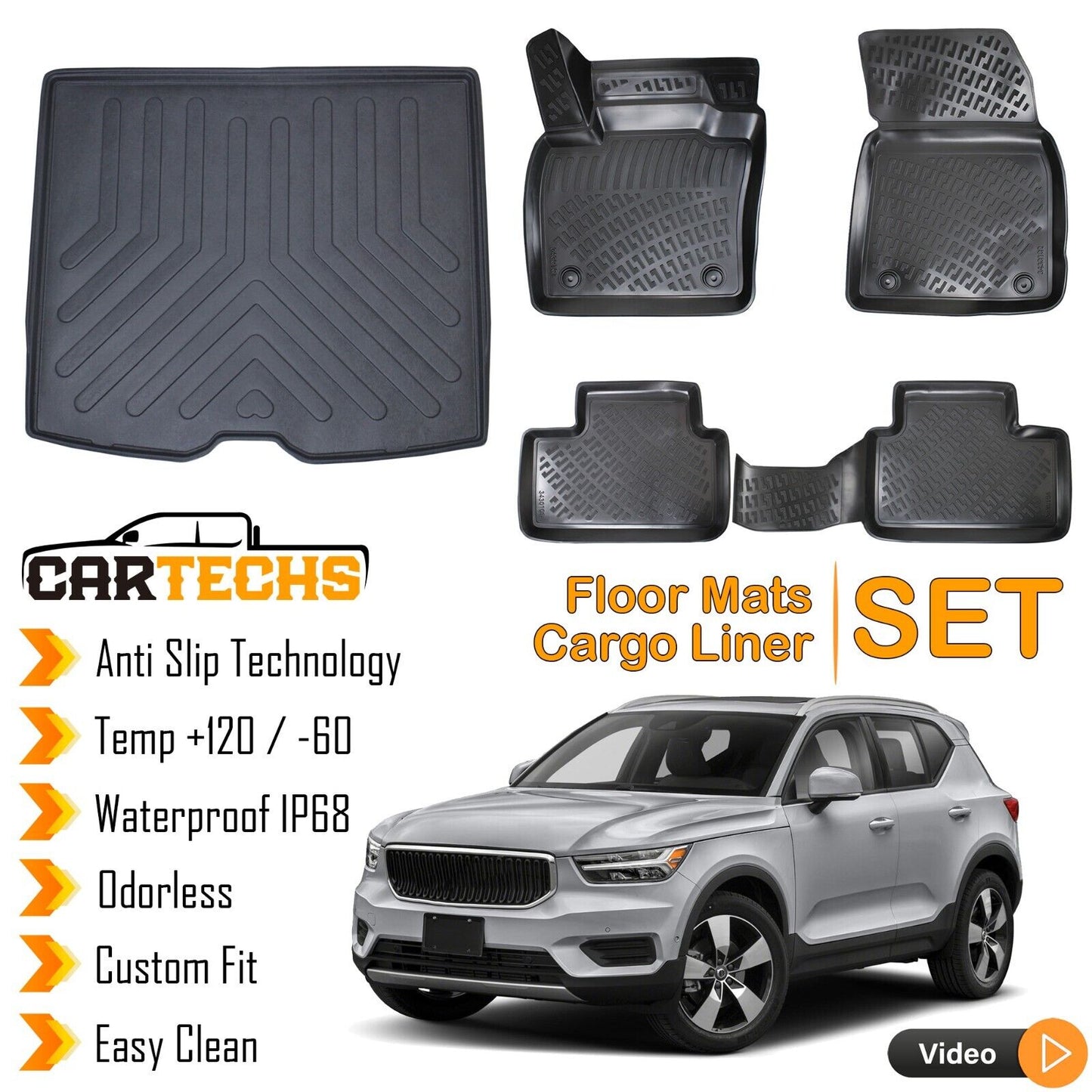 Floor Mats + Cargo Trunk Liner For Volvo XC40 2018-2024 3D Molded Waterproof SET