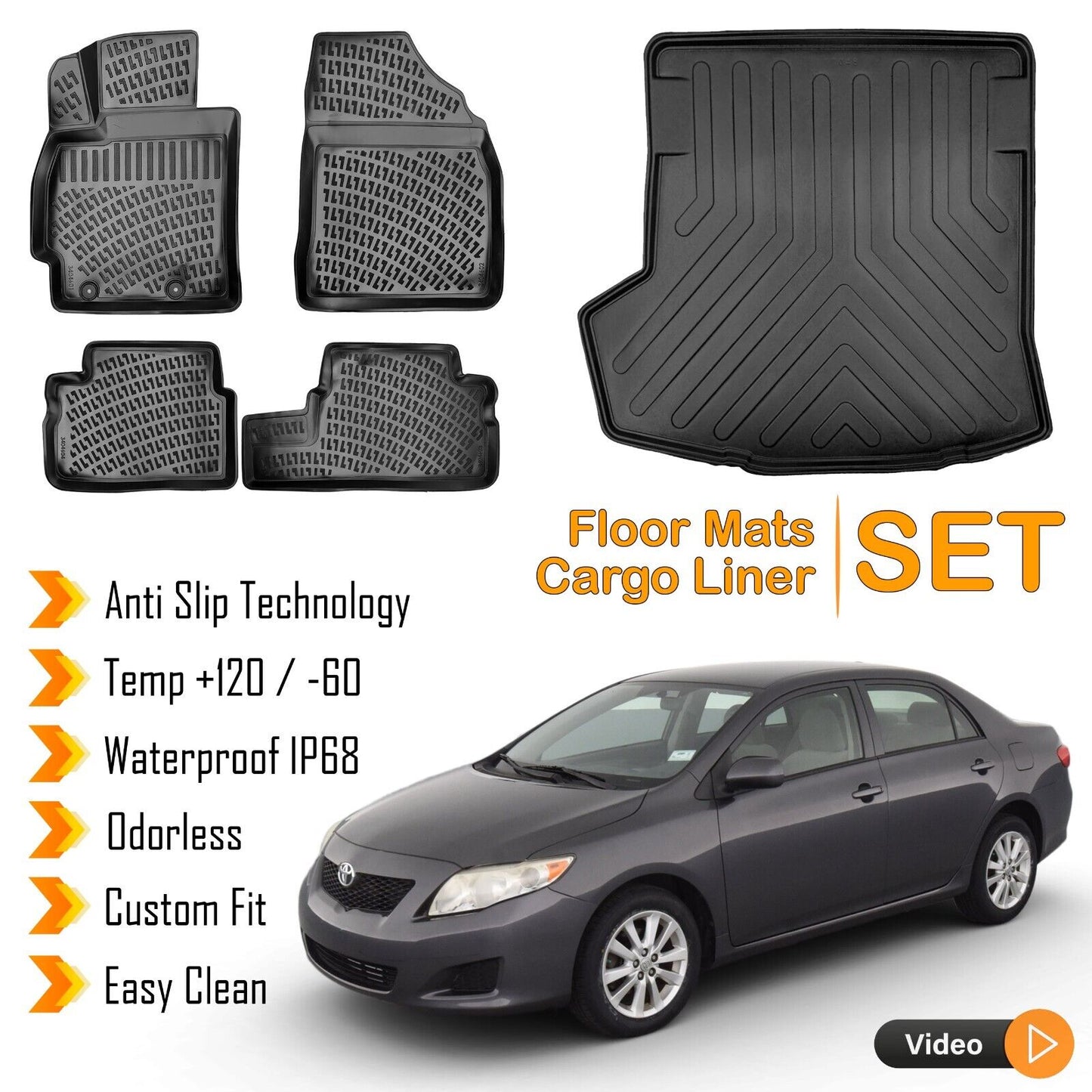 Floor Mats + Cargo Trunk Liner For Toyota Corolla 2006-2012 3D Molded Black SET