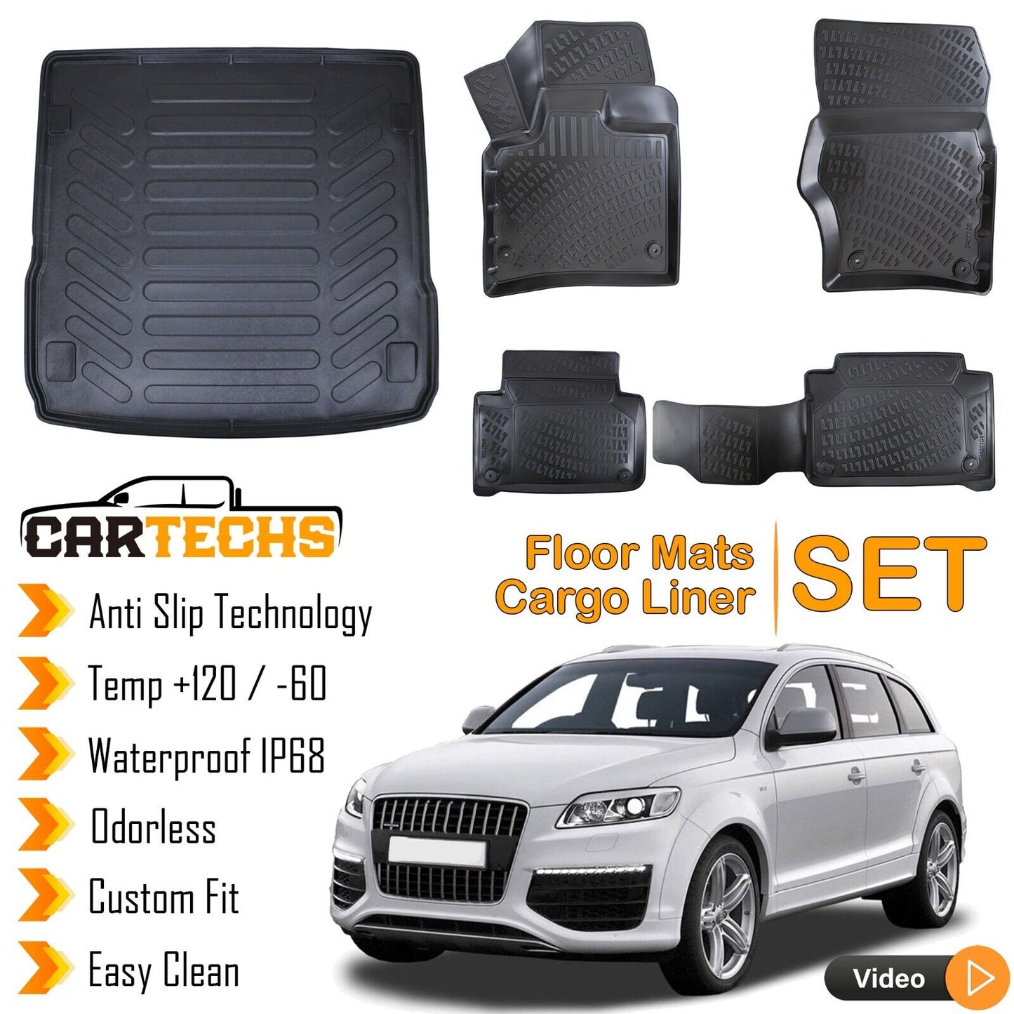 Floor Mats + Cargo Trunk Liner Fits Audi Q7 2006-2015 3D Waterproof Black Set