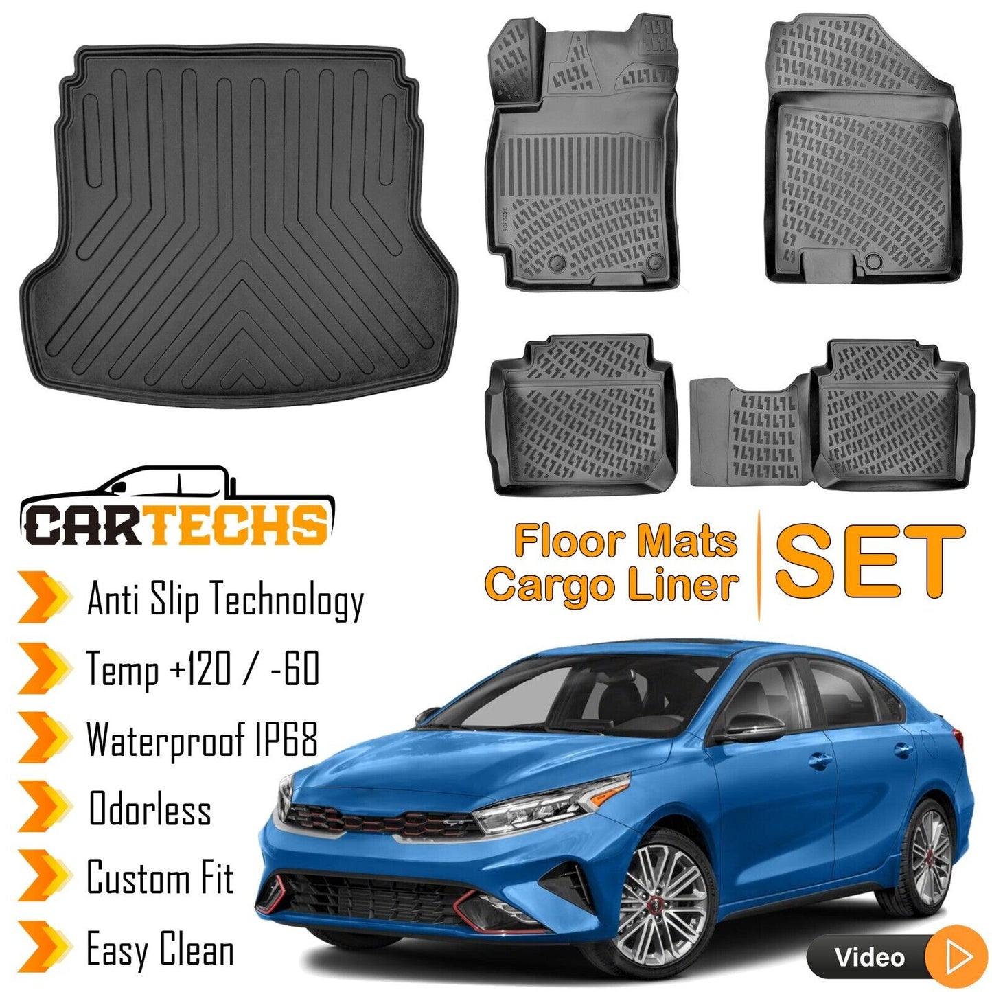 Floor Mats + Cargo Trunk Liner For Kia Forte 2022-2023 3D Molded Black SET