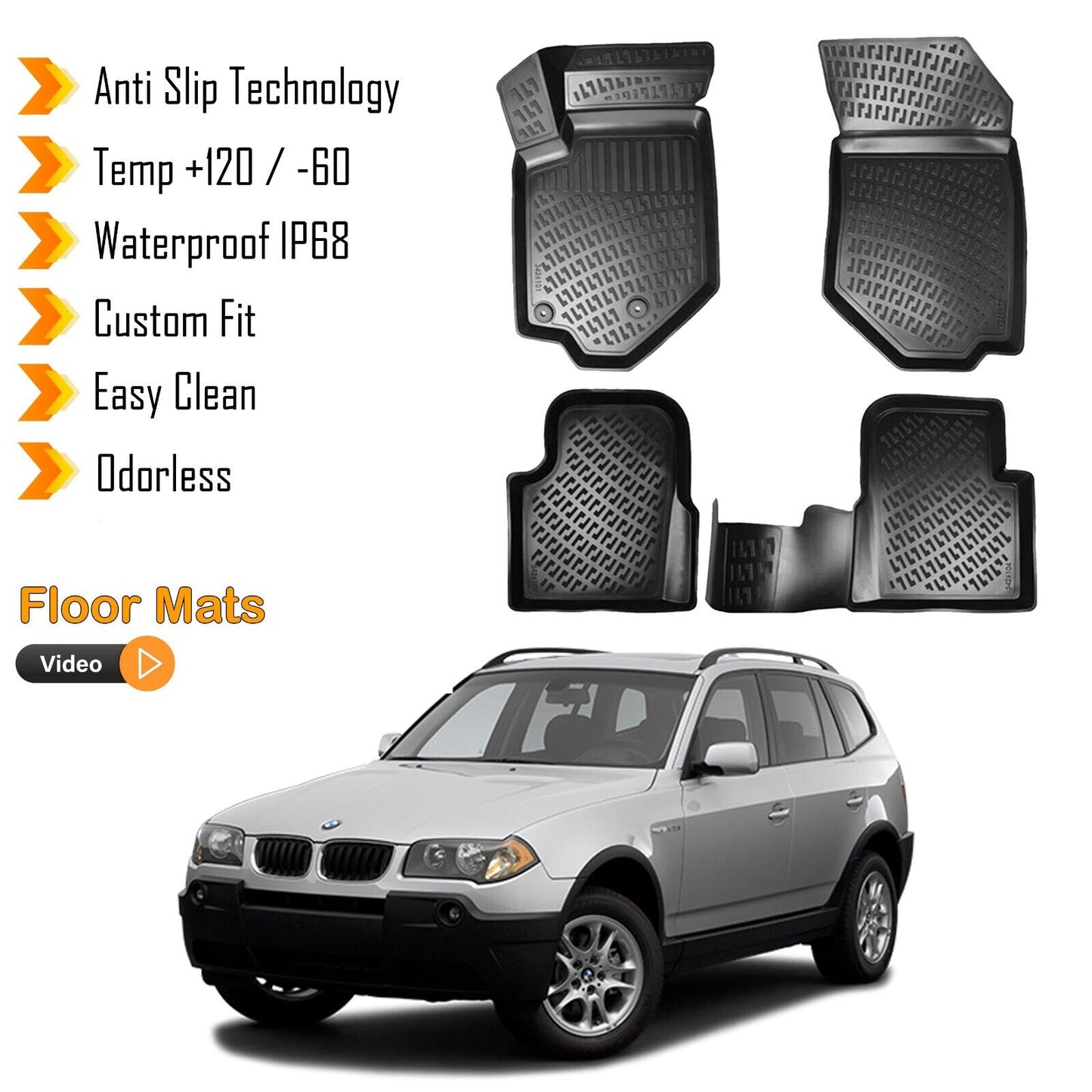 Floor Mats Liner Fits BMW X3 2003-2010 (E83) Waterproof 3D Molded All Weather