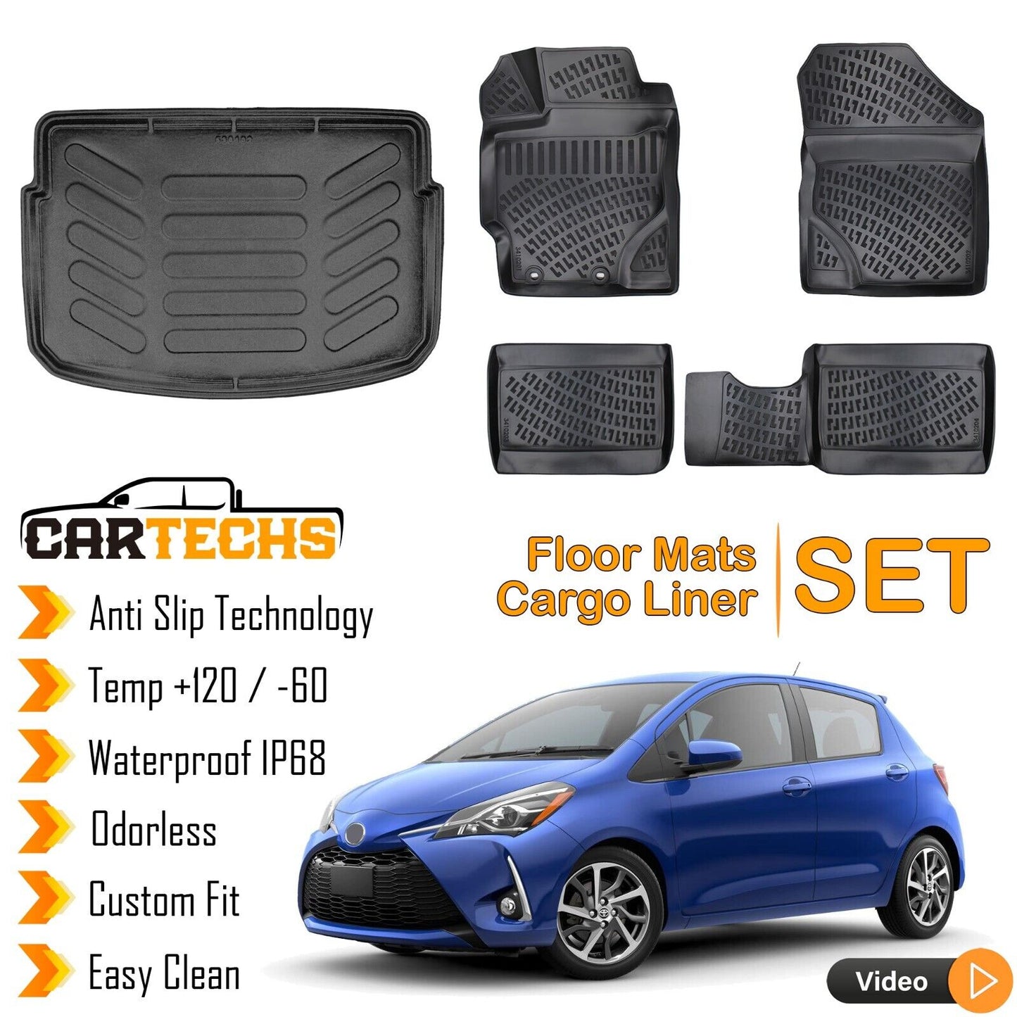 Floor Mats + Cargo Trunk Liner Fits Toyota Yaris 2013-2019 3D Molded Black SET