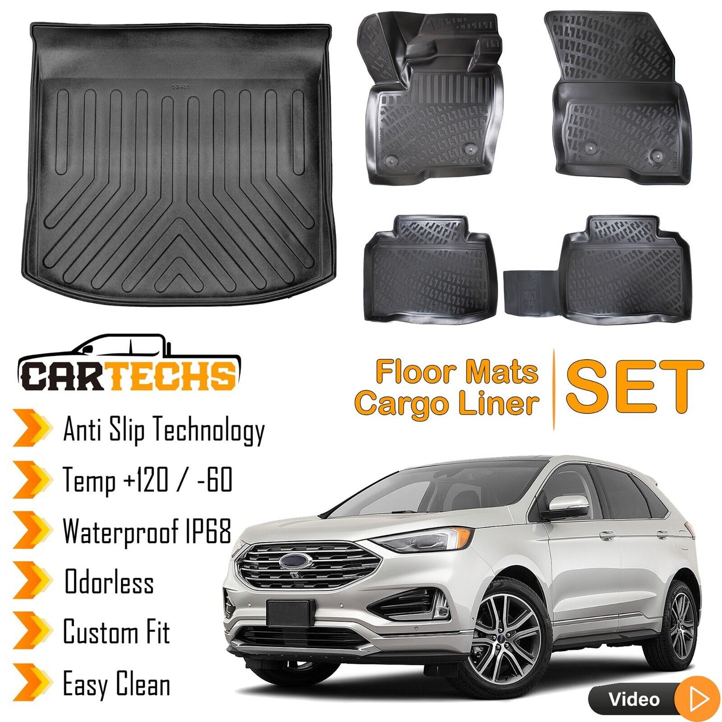 Floor Mats + Cargo Trunk Liner For Ford Edge 2015-2022 3D Black Waterproof SET