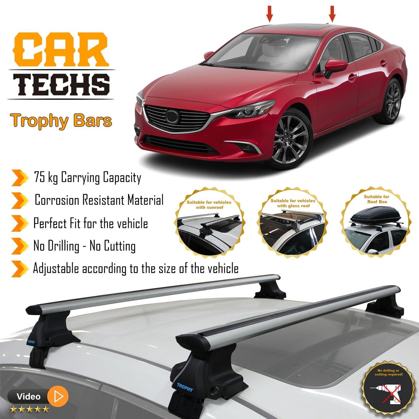 Fits Mazda6 2003-2021 Smooth Top Roof Rack Cross Bar Carrier Rail Trophybars