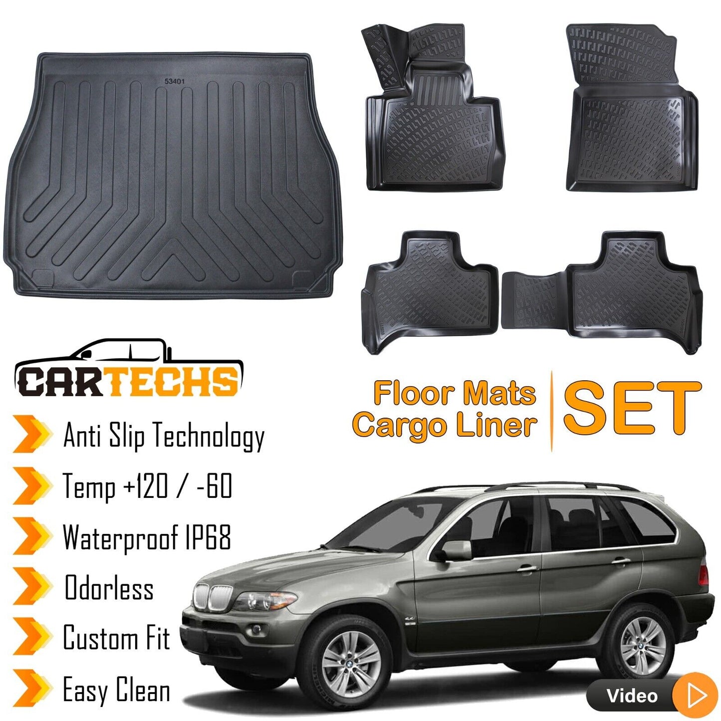 Floor Mats + Cargo Trunk Liner Fits BMW X5 E53 2000-2006 Waterproof Black SET