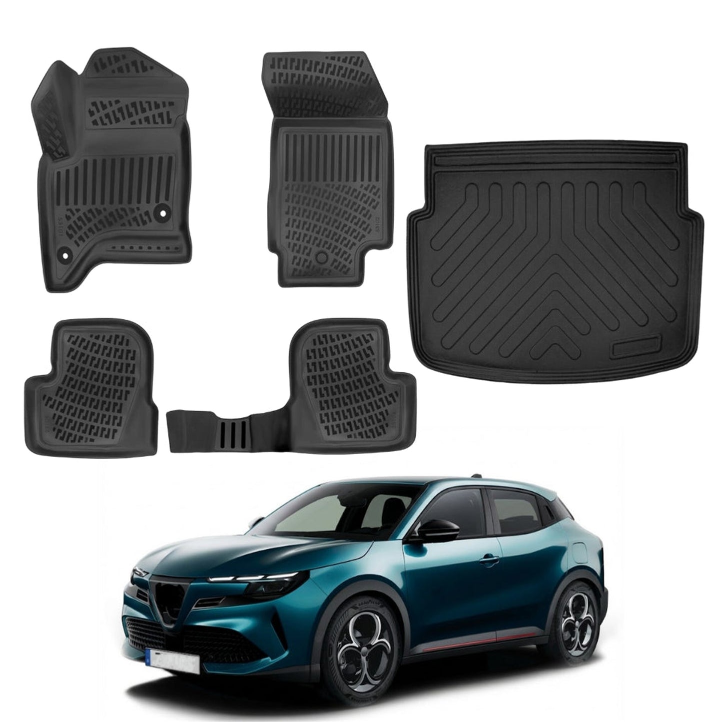 Alfa Romeo Junior Ibrida Floor Mats and Cargo Liner 2024-2026, All Weather TPE Front, Rear & Cargo Set