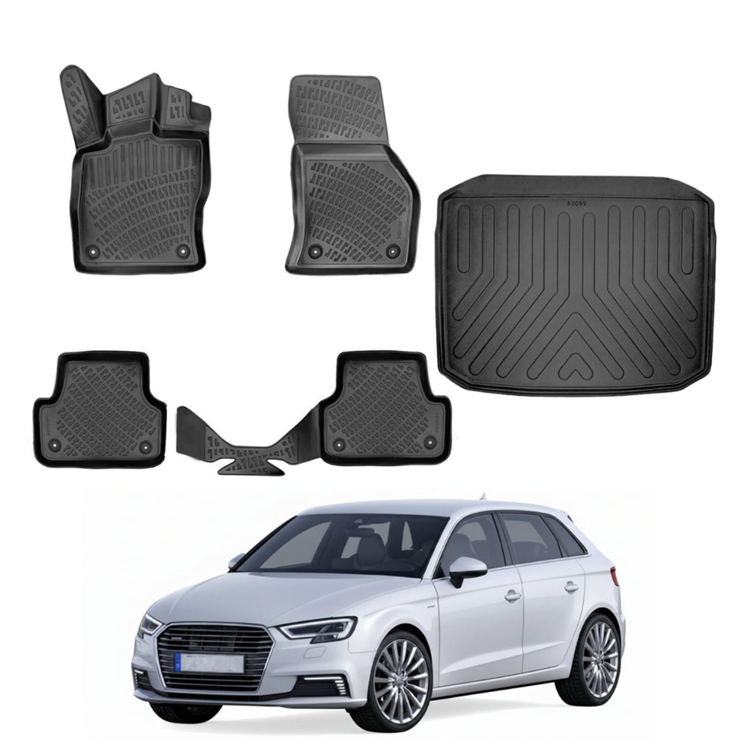 Audi A3 Floor Mats and Cargo Liner 2013-2020, All Weather TPE Front, Rear & Cargo Set
