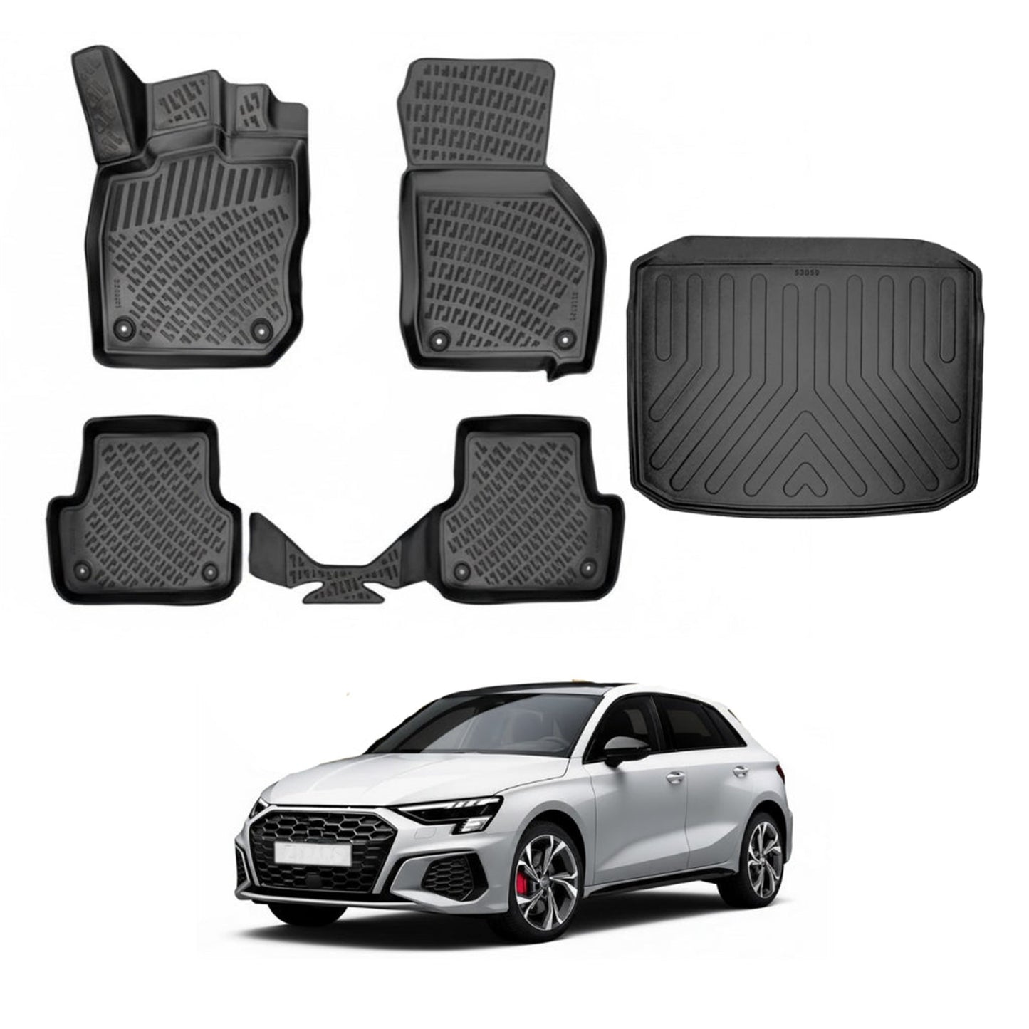 Audi A3 Floor Mats and Cargo Liner 2020-2026, All Weather TPE Front, Rear & Cargo Set